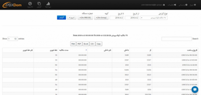 گزارش 25 مکالمه کوتاه اول برای تماس های ورودی در نرم افزار گزارش گیری سانترال